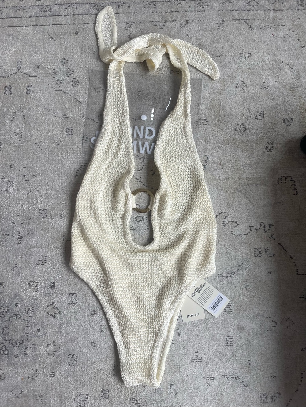 Monday Swimwear Cream Halter Knit One-Piece with Front Ring Ivory Small